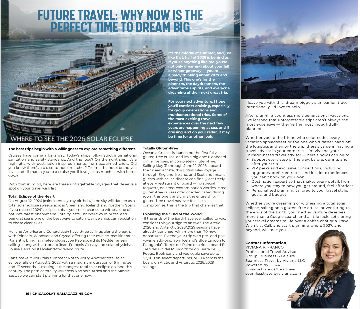 September Chicago Latina Magazine article about cruising and dreaming big for future travel